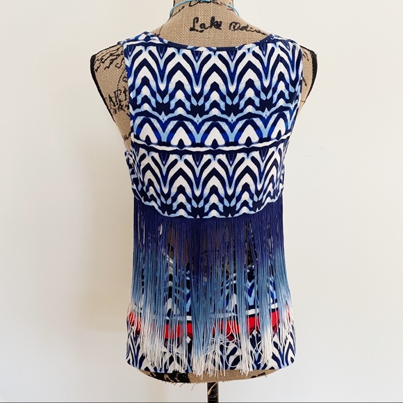 NWT Tart V Neck Criss Cross Navy & Red Fringe Open Back Statement Top - Picture 5 of 8